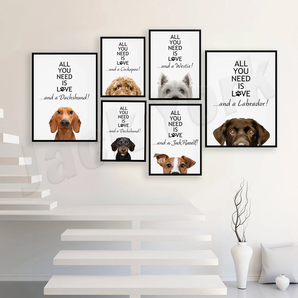 Cute, funny peek-a-boo poodle, pug, dachshund, cocker spaniel prints, all you need is love and west highland terrier posters