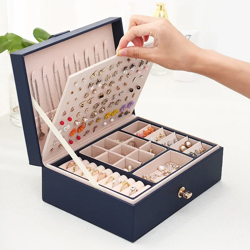 New product spot cross mirror jewelry box, leather double layer large capacity earring storage box, ring jewelry bracelet box