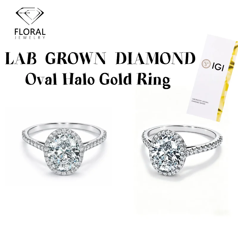 Lab Grown Diamond OVAL Halo Pave Band 10K 14K 18K Gold Luxury Ring For woman For Engagement/Party/Anniversary with Certificate