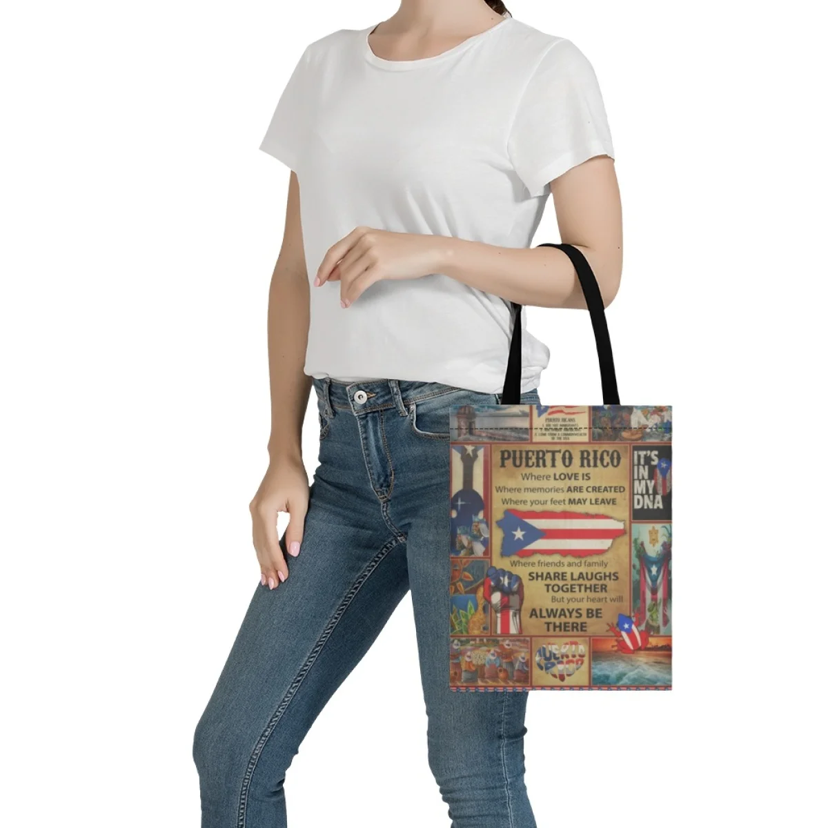 FORUDESIGNS Women Shopping Bag Puerto Rico Culture Arts Travel Shoulder Bag Reusable Storage Handbag Foldable Eco Tote Grocery