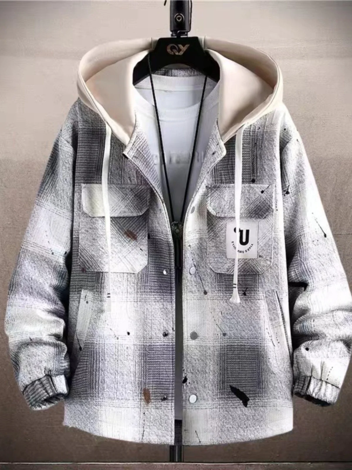 

Повседневная клетчатая куртка с капюшоном для мужчин больших размеров, весна-осень, модная, свободного кроя, молодежная, без бренда, из полиэстера