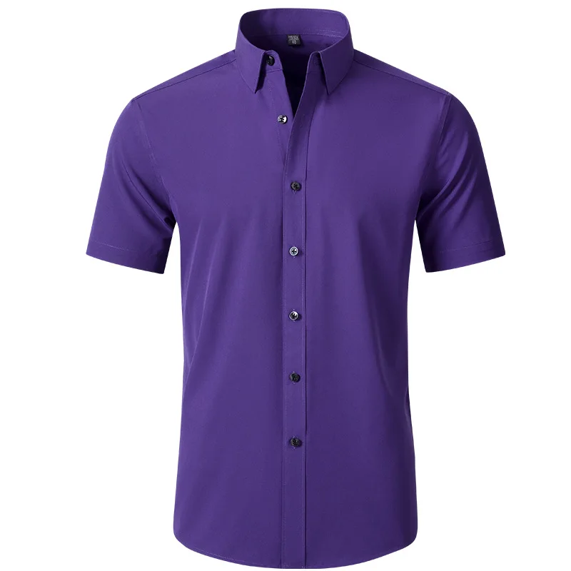 Purple Short Sleeve Shirts for Men Business Casual Solid Color Social Shirt Party Wedding Slim Fit Non Irong Dress Shirt Camisas