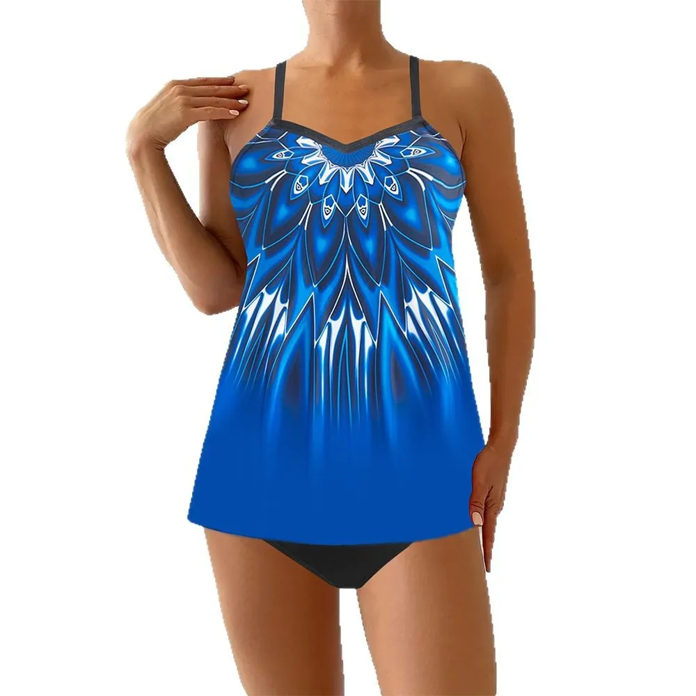 New Women Plus Size Peacock Feather Abstract Print Camisole Tankini with Skirt Modest Bohemian Beach Vacation