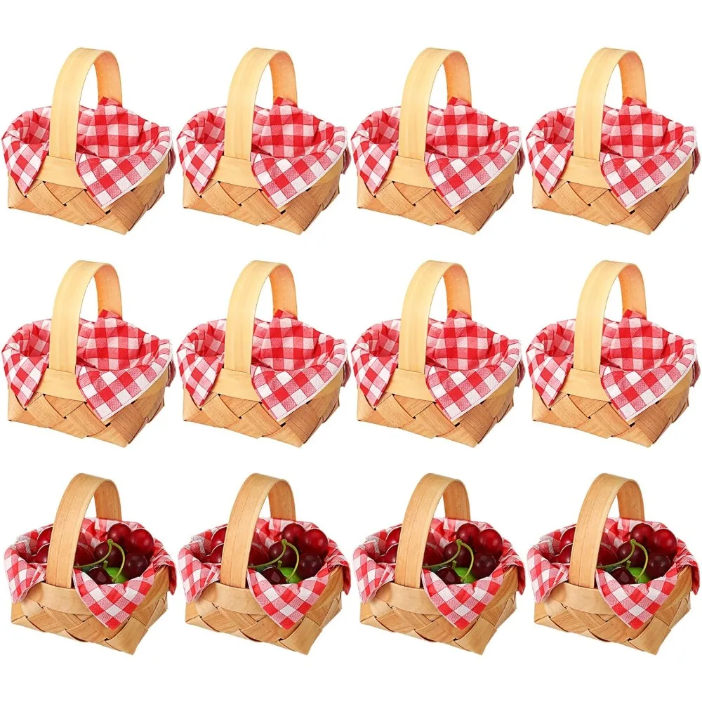 12 Uds mini cestas tejidas con asas 20 hojas servilletas de papel de guayán rojo y blanco chip de madera mini cestas de picnic de frutas y flores