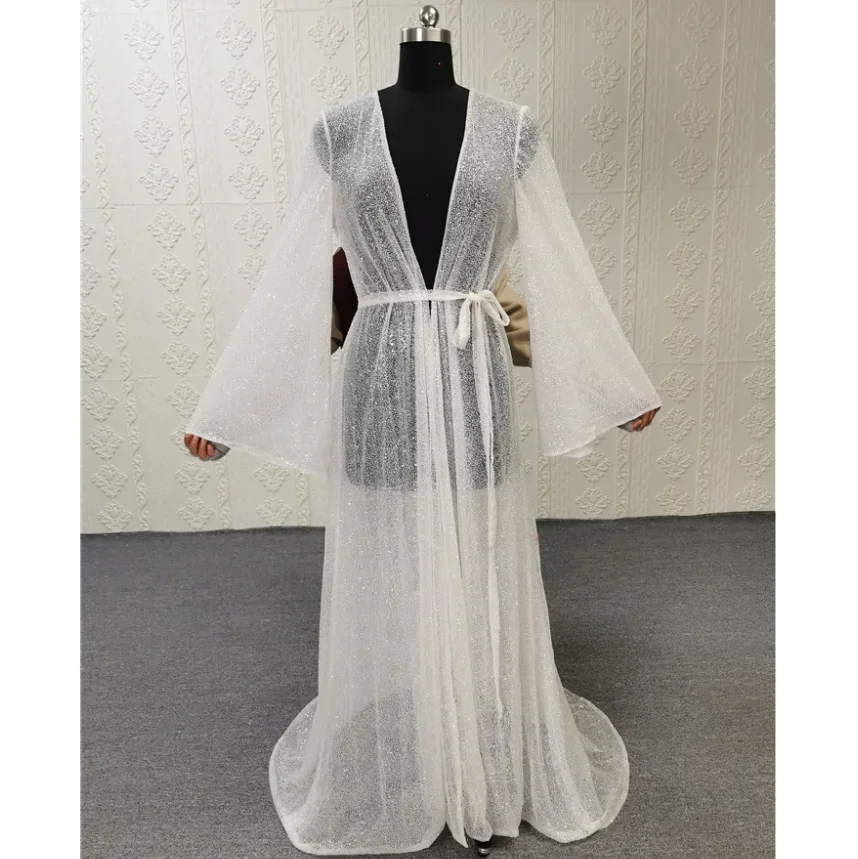 custom  size glitter bridal  robes long  sleeve puff sleeve  night  gowns for  wedding