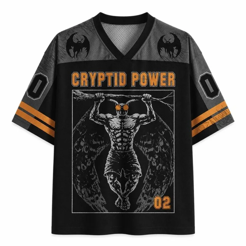 Cryptid Power Mothman Jerseys, Supernatural Horror Football T-shirts, Dark Creature Gym Streetwear, Monster Sports Graphic Gifts