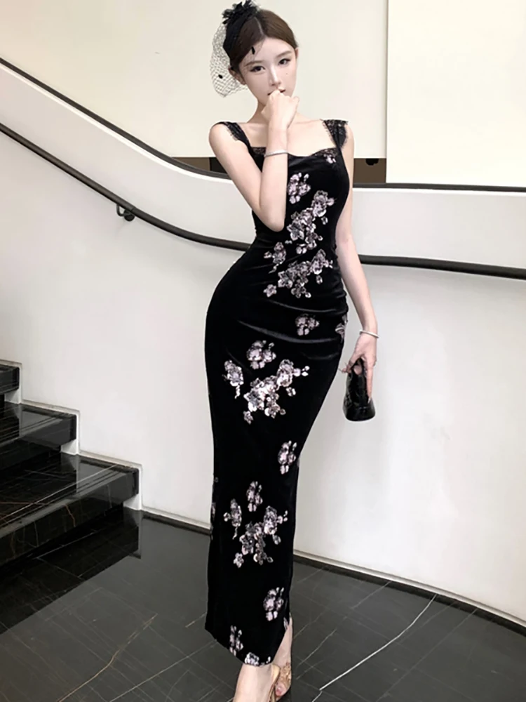 

Women Korean Bodycon Festival Long Dress 2025 Black Velvet Emboridery Floral Dress Autumn Winter Elegant Luxury Sling Sexy Dress