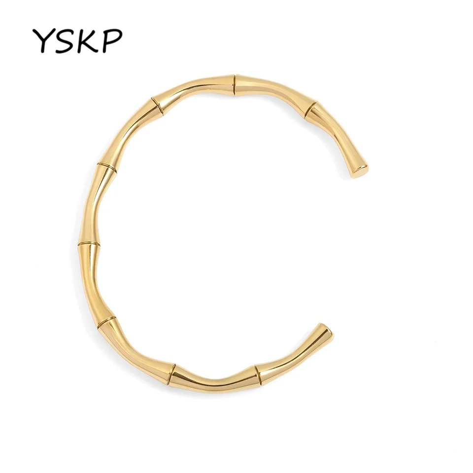 YSKP Simple Stainless Steel Bamboo Knot Open Bangle For Women Elegant Dinner Party Daily Wear Jewelry