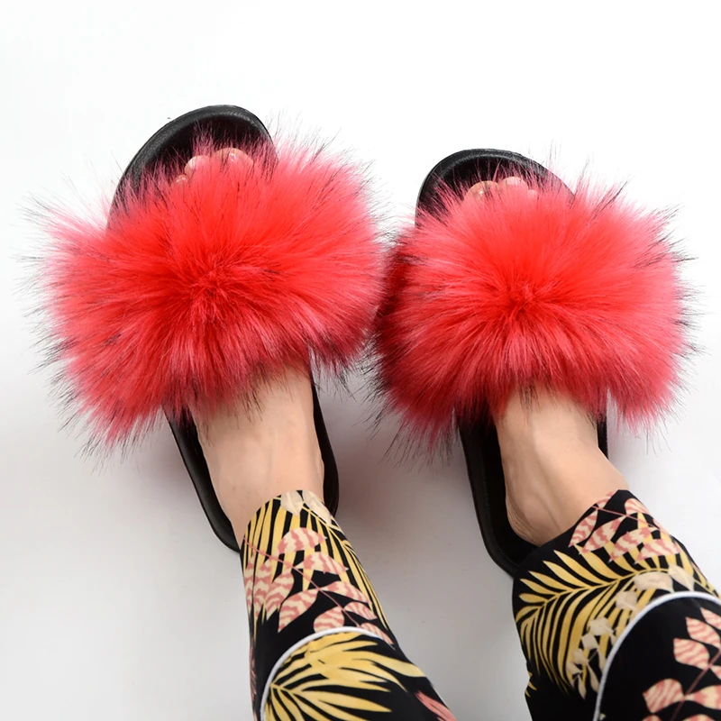 Faux Fur Slippers Summer Fur Slides For Women Furry Slippers Fluffy Sandals Open Toe Fuzzy Indoor Outdoor Shoes Plush Flip Flops