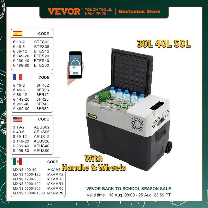 VEVOR 30L 40L 50L Car Refrigerator Portable Compressor Fridge Freezer W/ Wheel & Draw Bar for Camping Picnic Boating Caravan Use