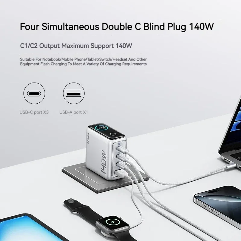 Anker ZOLO 140W GaN 4 Port Charger PPS Laptop for iPhone MacBook Pro Air iPad Galaxy S24 Dell XPS 13 B2697