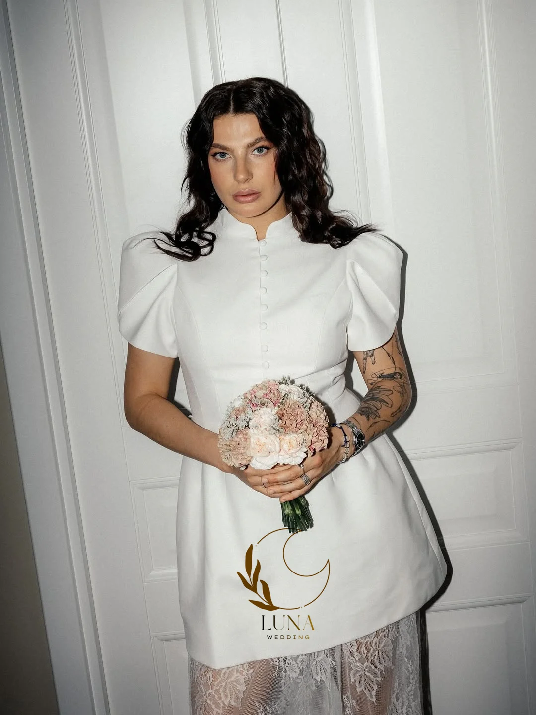 Luna Customized 2in1 Short Sleeves Mini Wedding Dress with Lace 2026 Lady Evening Party with Buttons Satin A Line Wedding Gown