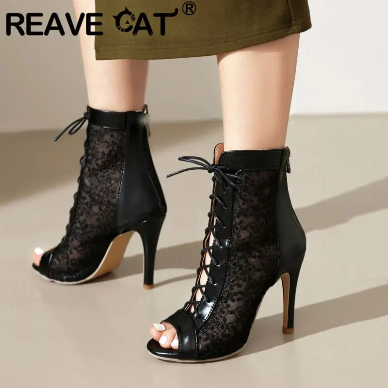 REAVE CAT Sexy Women Sandals Lace Stiletto 9.5cm High Heel Strap Peep Toe Breathable Mesh 48 Party Shoes