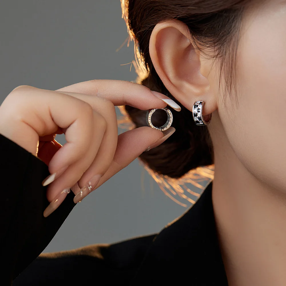 Black White Gemstone Hoop Earrings Fine Jewelry Gift 2026 Stamp 925 Sterling Silver Simple Check Fashion Ear Buckles for Women