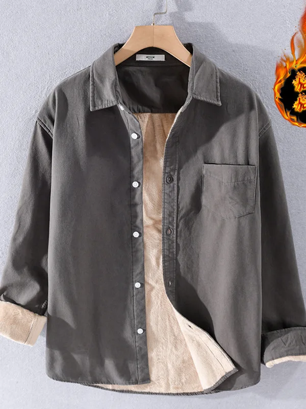 

Men's Fce Lined Thi Long Sve irt Casual Urban Sle Winter Warm Cotton Pure Color ket Design Loose Fit irt