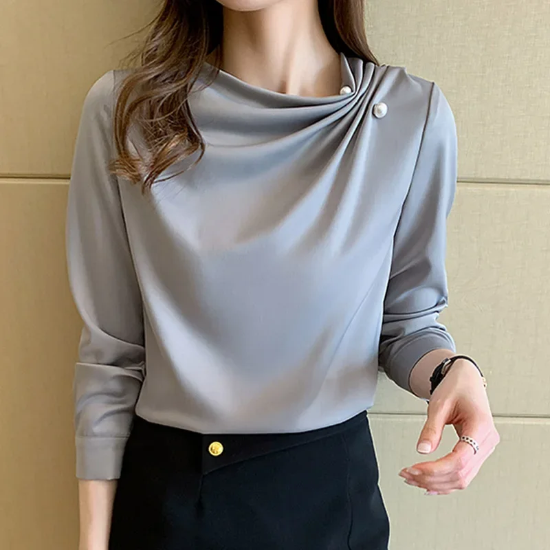 

2025 Spring New Long Sleeve O-Neck Women Blouse Solid Satin Elegant Soft Shirt Blouse Women Tops Camisas De Mujer Blusas N634