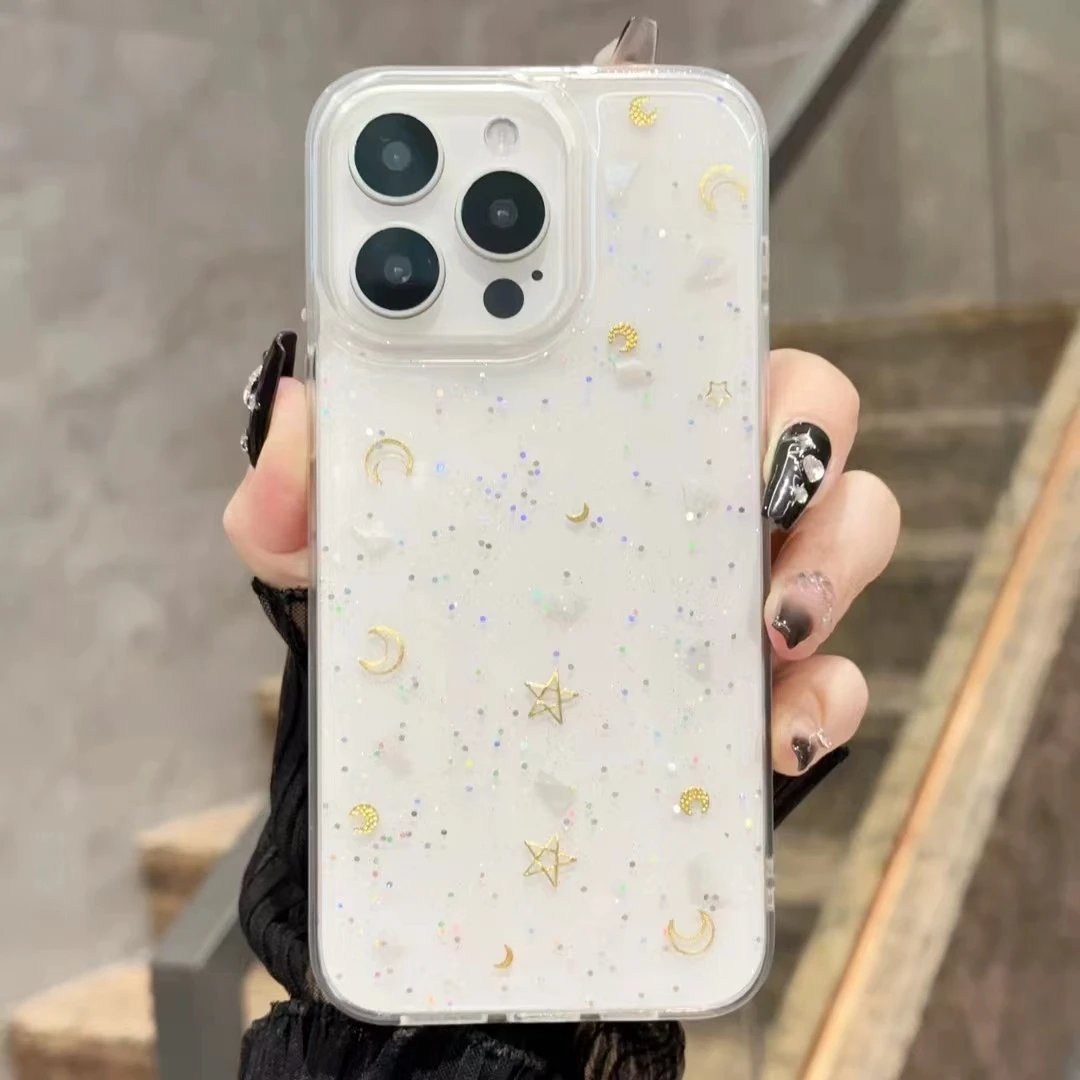 3D Glitter Star Space phone case For iphone 16 Pro Max Cute moon TPU Back cover for iphone 15 13 12 11 Pro Max 16 Pro Back Funda