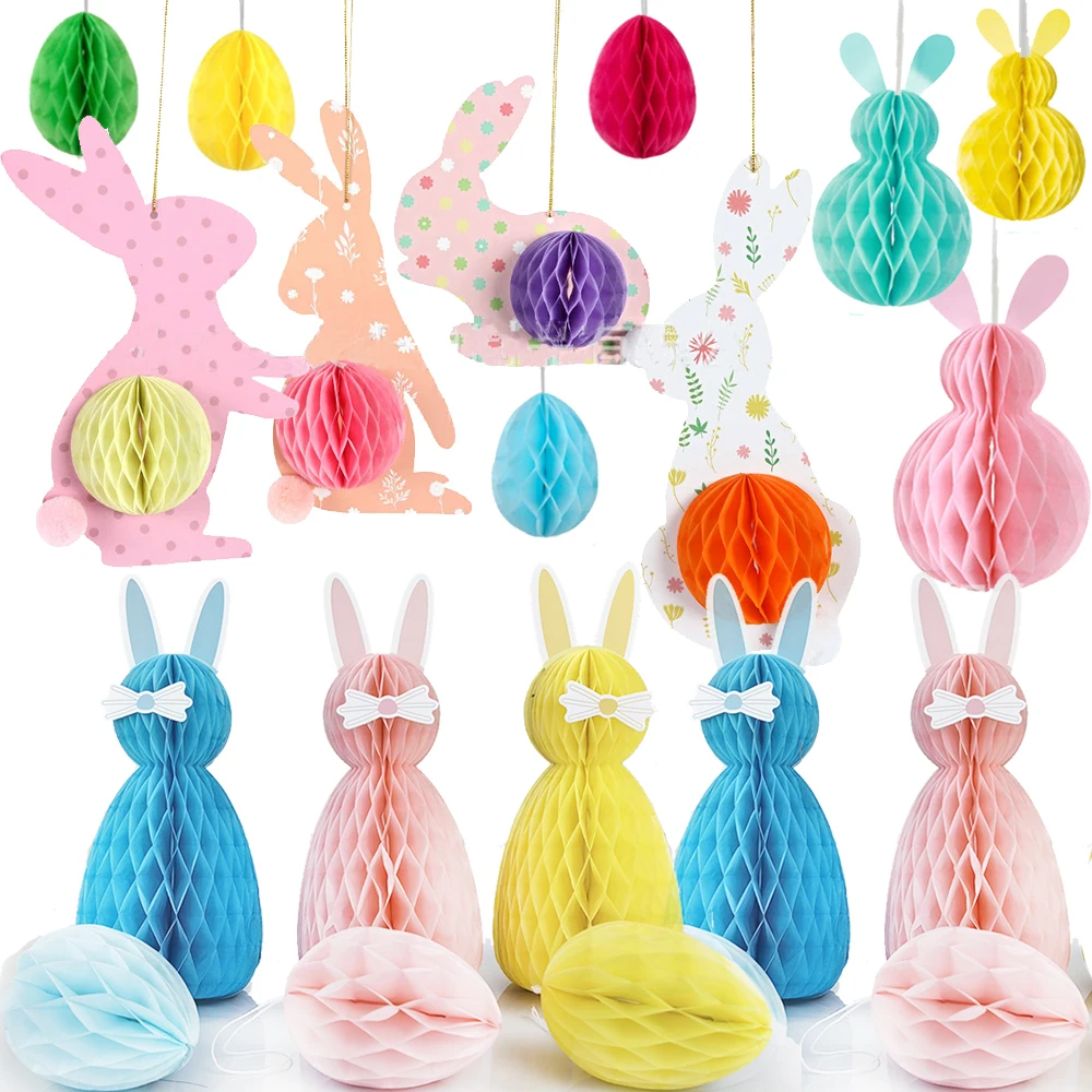 Easter Party Hanging Decors Easter Colorful Eggs Bunny Honeycomb Centerpieces Easter Hanging Ornament Decor Indoor Outdoor