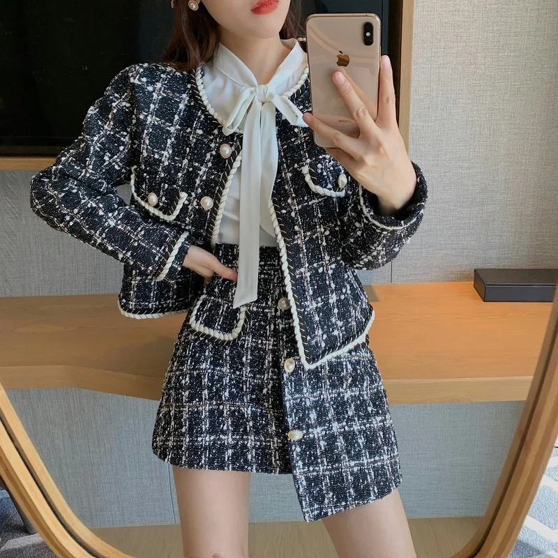 Spring Women Korean Vintage Elegant Tweed Two Piece Set Long Sleeve Short Jacket High Waist Irregular Skirt 2 Piece Suit Outfits