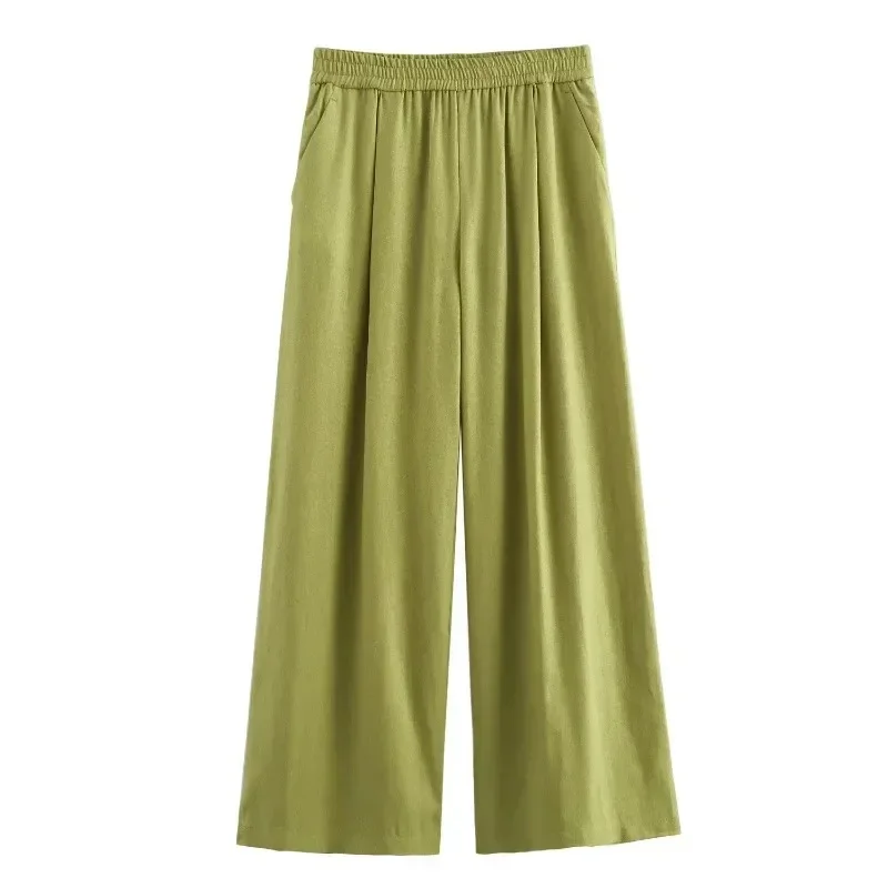 طقم علوي وبنطال أخضر غير رسمي فضفاض للنساء ، قمصان بصف واحد ، بنطلون مرن بساق واسعة ، بدلات نسائية ، الصيف ، قطعتان ،