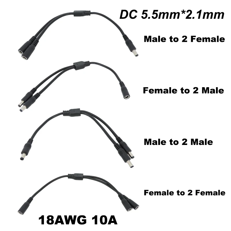 18awg 10A DC Power Cable1 to 2 way male female to 2 male female Splitter 5.5x2.1mm connector Plug extend CCTV Camera 5.5mm 12V