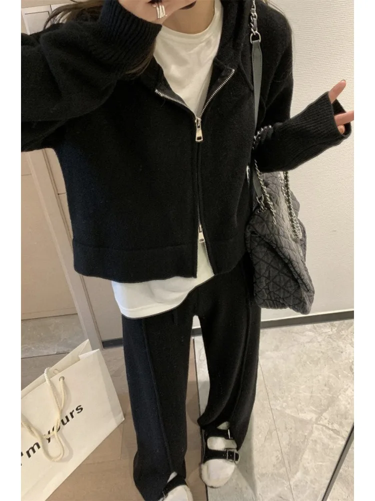 Fashion Loose Pants Sets Women Knitted Two Piece Set Daily Zipper Hooded Sweater Coat Long Drawstring Knitted Pant Autumn Winter