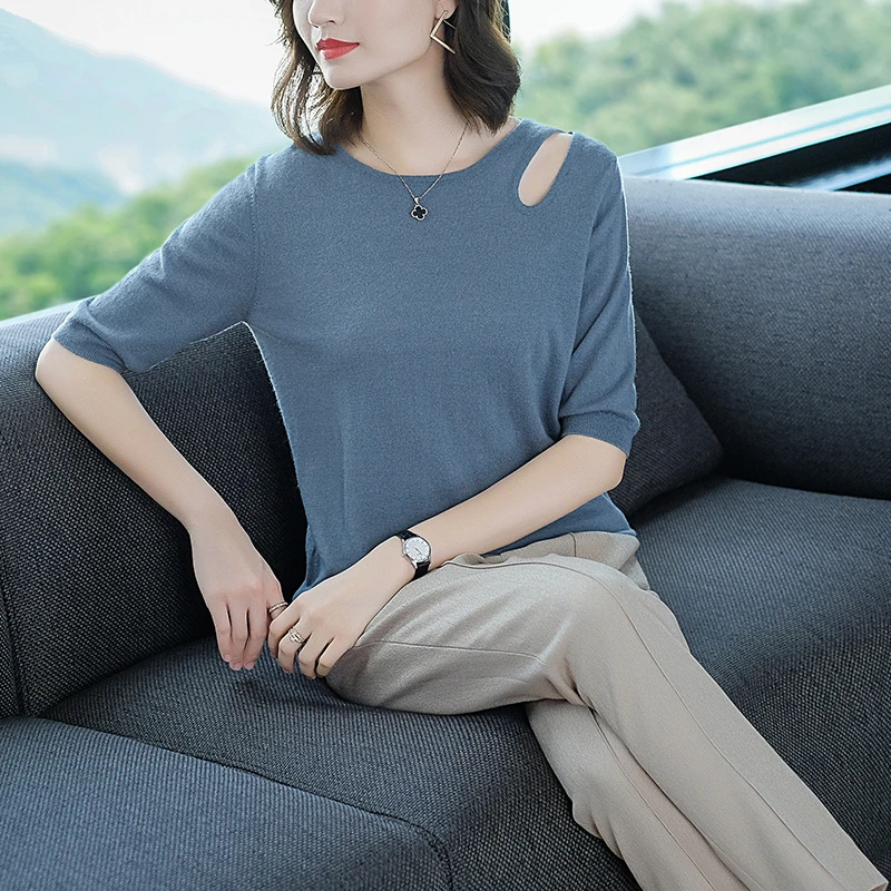 Women's 100% Wool Cashmere Tees New 2022 Spring Off Shoulder Knit T Shirts Elegant Half Sleeve Ladies Pure Wool Blouse Tops