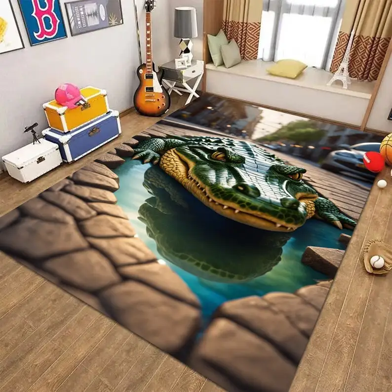 

3D крокодиловый иллюзорный напольный коврик, реалистичный тисненый коврик из кожи рептилий, нескользящий современный ковер для гостиной, домашний декор из полиэстера