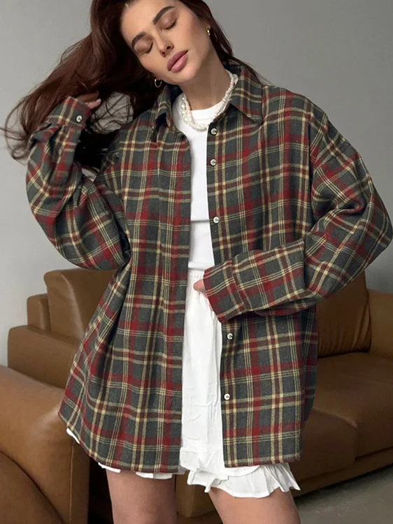

Women's Loose Long Sve Plaid irt Casual Sle Turn-down Collar Open Cardigan Sle Polyester Fiber Spring Autumn New Arr...