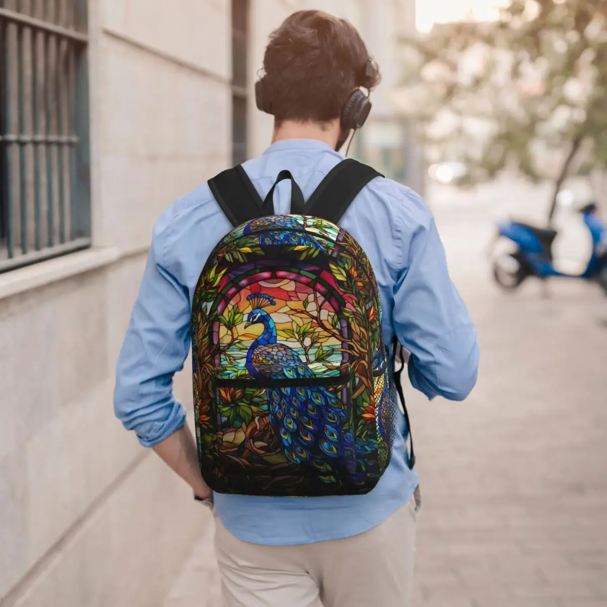 

Stained Glass Peacock Backpack Boys Girls BookBag Children School Bag Laptop Shoulder Bags for Men Women