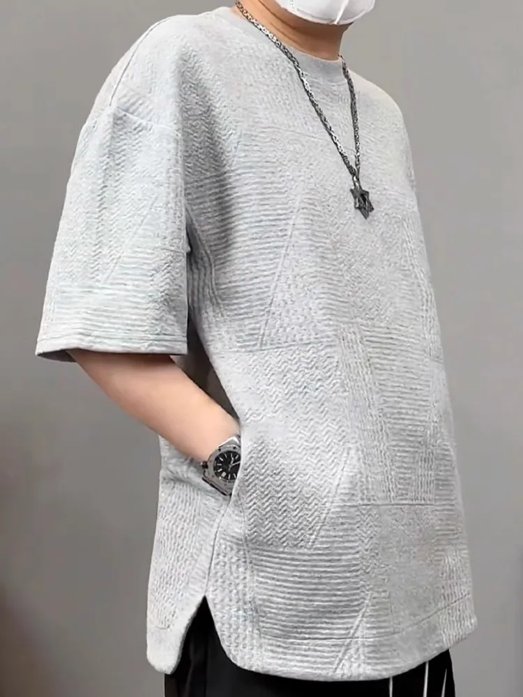 Summer Heavy Relief Texture Print Short Sleeve Men's Hidden Pocket round Neck T-Shirt Split Loose Versatile Trendy T-shirt