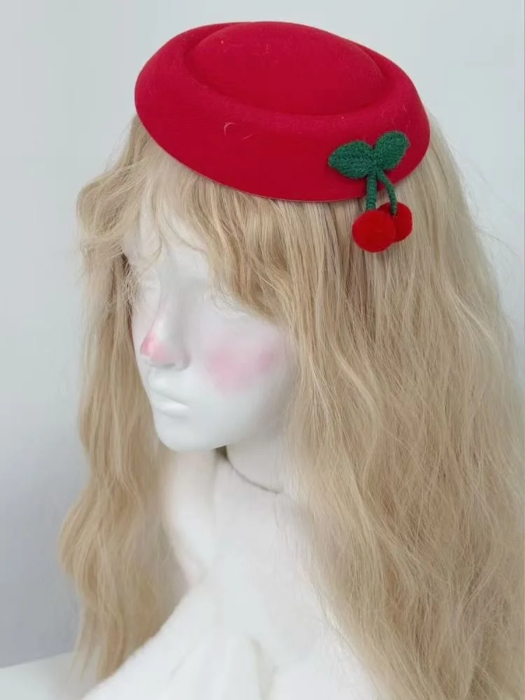 Retro Elegant Small Red Hat With Cherry Hair Clip Lady Party Hair Clip Lolita Subculture Janpanese Style Hairpin for Girl