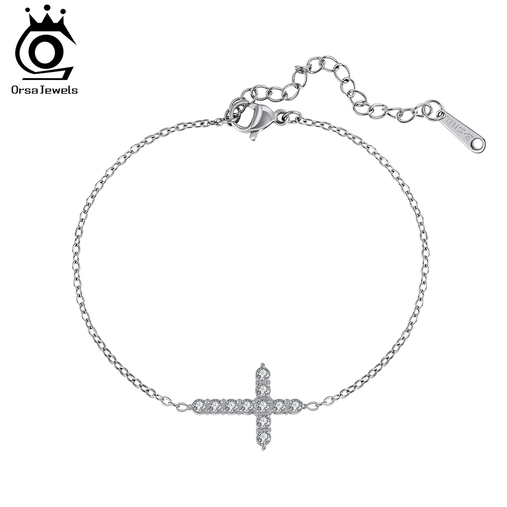 

ORSA JEWELS Модный браслет из нержавеющей стали с крестом для женщин, браслет-цепочка с цирконием, водонепроницаемое украшение на день рождения STKB11