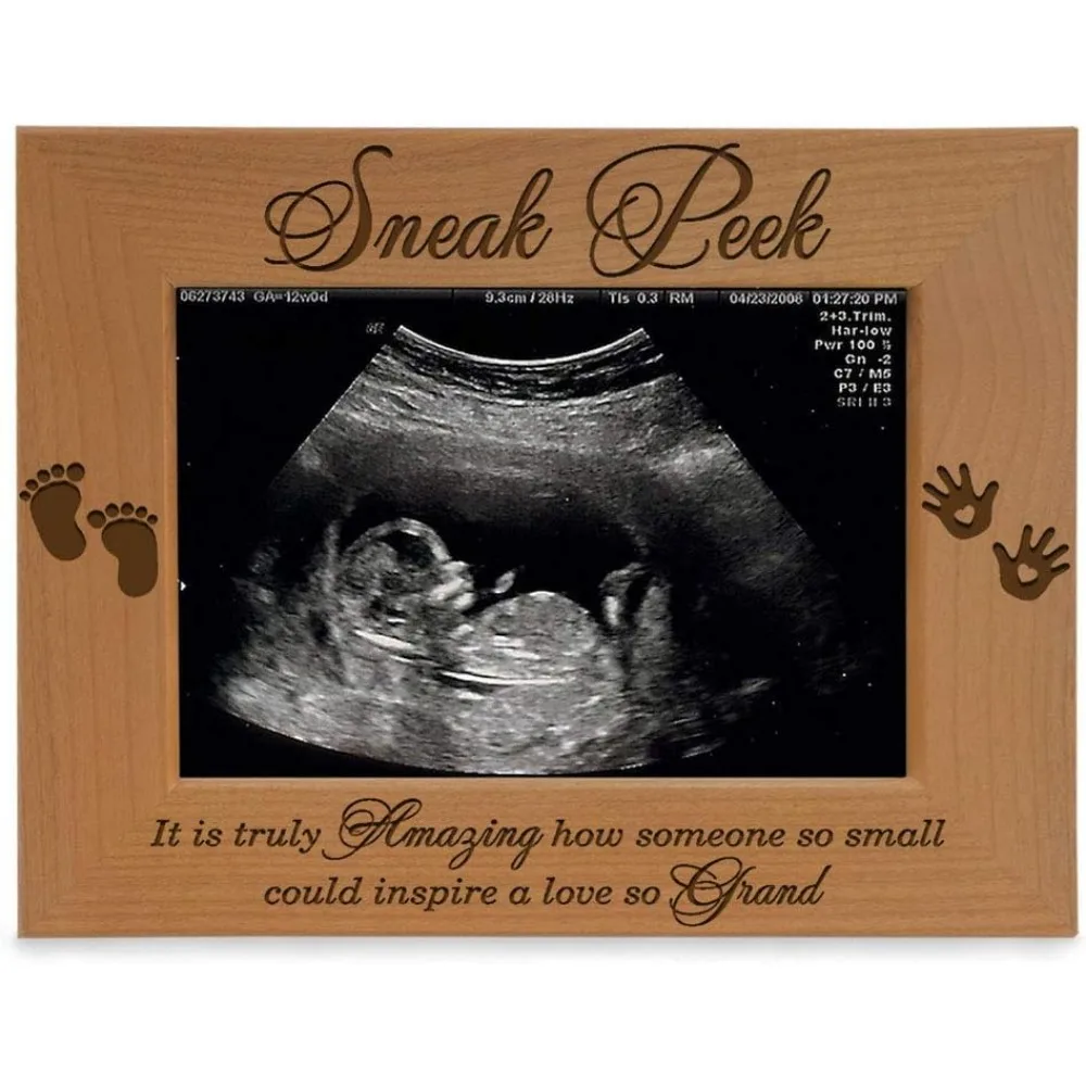 - Marco de sonograma Sneak Peek - Madera natural grabada, regalos de nuevo papá, regalos de nueva mamá (3 1/2 x 5 horizontales)