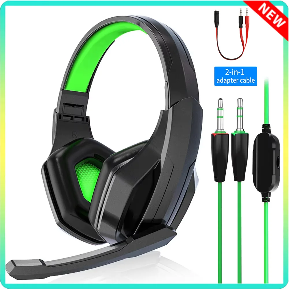 Professional Game Earphones With 2-in1 Adapter Cable Super Bass Over-ear Computer Gaming Headset With Mic Stereo Wired Headphone