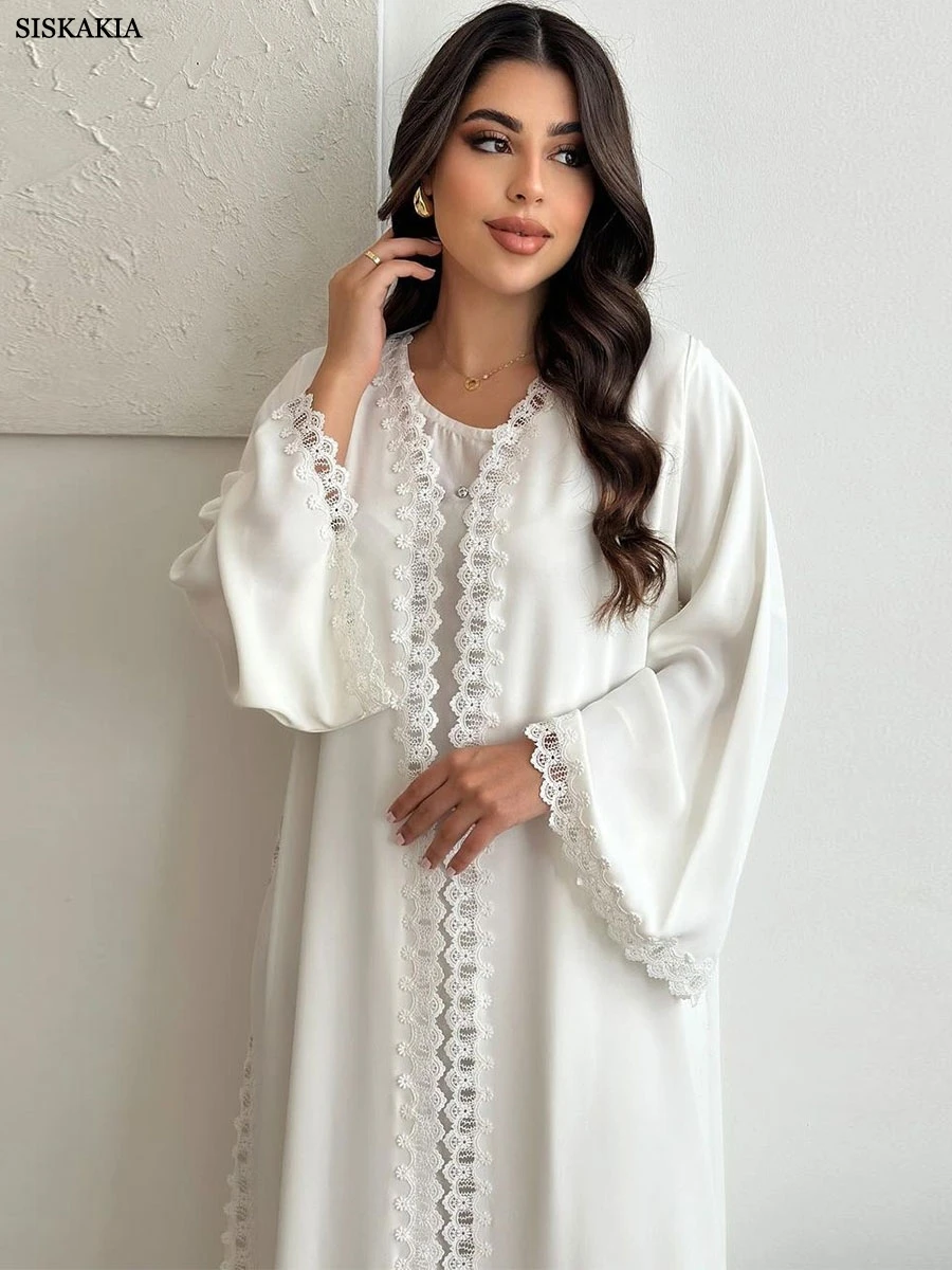 Siskakia Dubai Solid White Open Abaya For Muslim Woman Lace Tape Cardigan Elegant Casual Loose Moroccan Saudi Kaftan Fashion