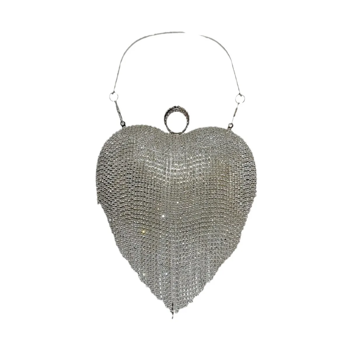 Full Silver Dense Rhinestone Heart Shape Thin Long Chain Lock Clutch Luxury Romantic Evening Purse Mature Women Wedding Banquet