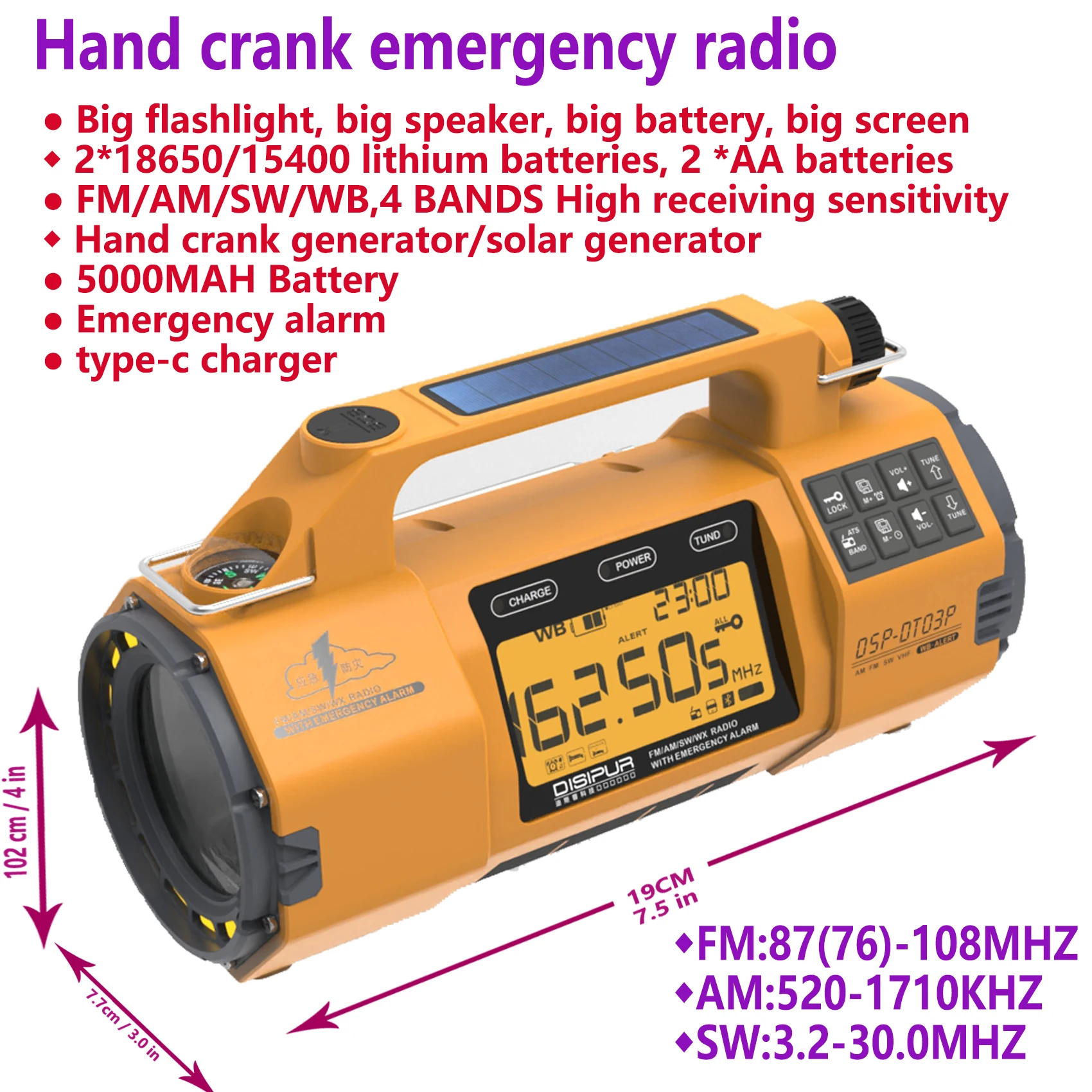 Emergency Radio with AM/FM/SW/WB Four Bands, Hand-cranked Generator, Large Capacity Battery and High Power Flashlight