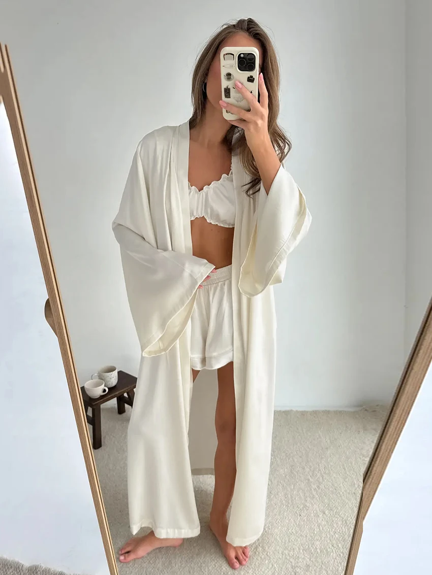 Marthaqiqi Casual Women Nightwear Set Long Sleeve Robe V-Neck Bathrobe Sleepwear Tank Tops Pajamas Shorts Nightgown 3 Piece Suit - Image 4