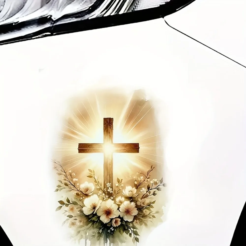 Sparkling Cross And Flower Vinyl Sticker Peaceful Faith Design Featuring a Wooden White Blooms Green Foliage Self Sticking