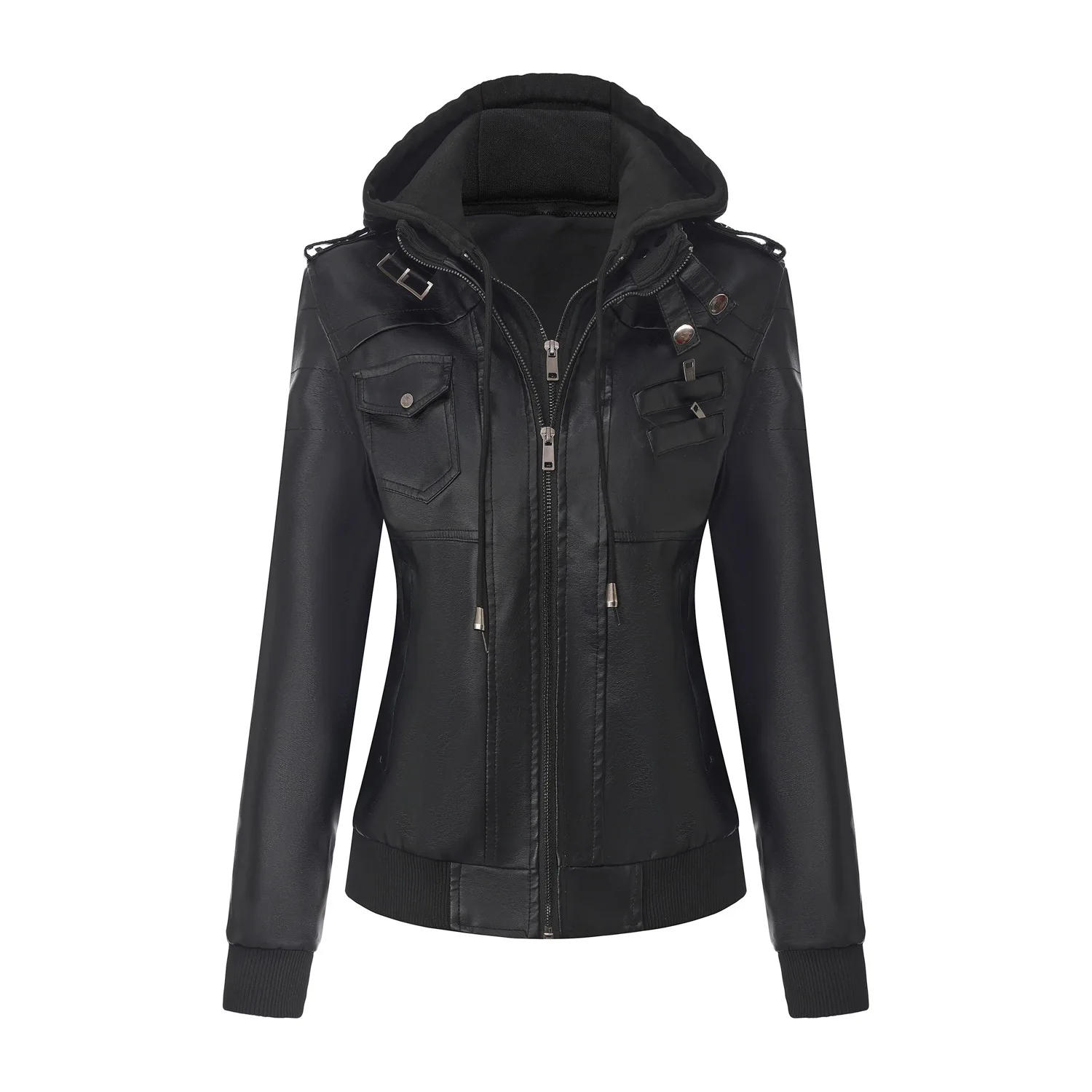 New Women's Women's Removable Hooded Leather Jacket Zipper PU Jacket Large Size Fashion Jacket