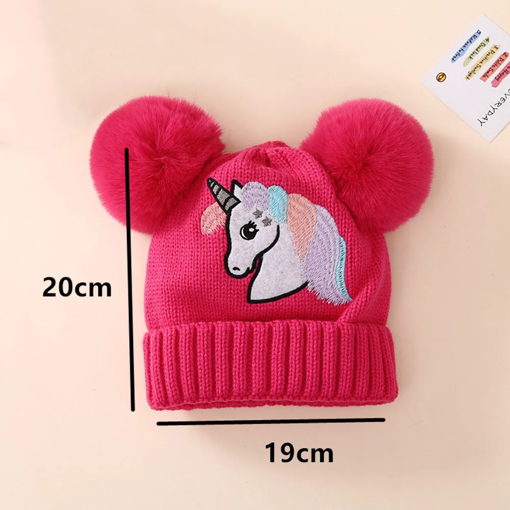 Unicorn Pattern Beanie Embroidered Toddler Baby Knit Hat Winter Pom Hats Warm Cap For Boys Girls 1-4 Years Old