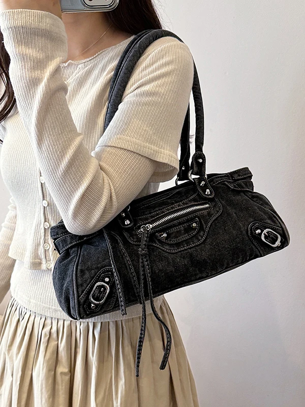 Washed Denim Motorcycle Bag Fashionable Retro Single Shoulder French Bread Bag Handbag Women's Bag with Zipper Closure