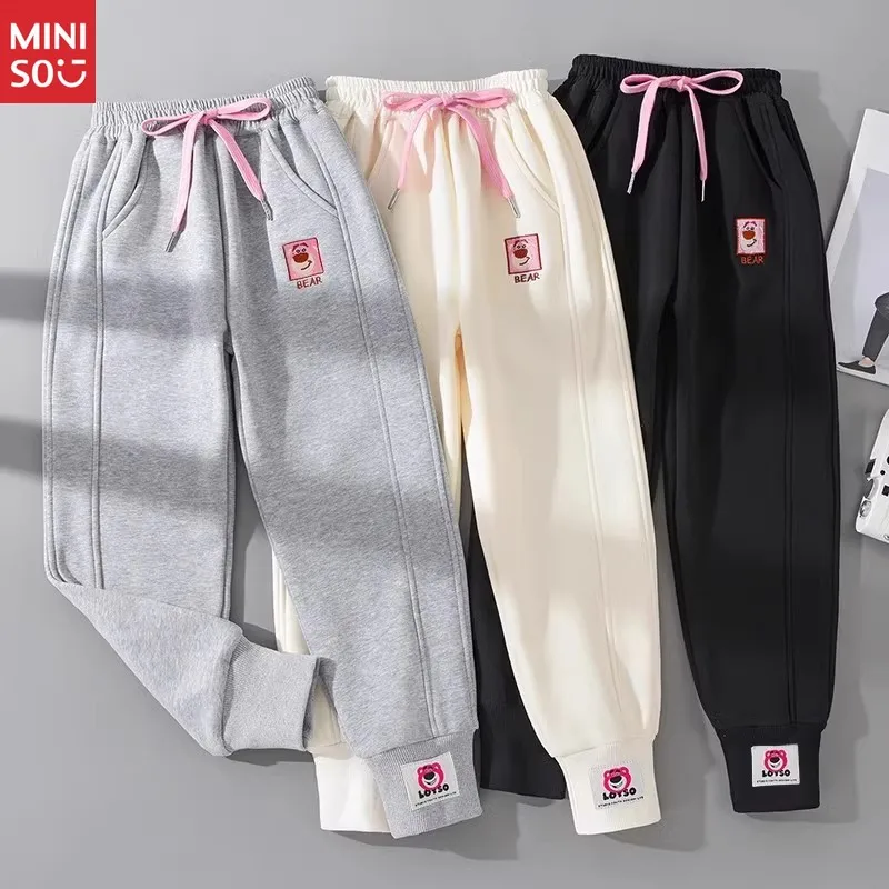 ركض مطبوع عليه دب للفتيات من مينيسو |   سروال مبطن بالصوف لطيف للأطفال والمراهقين، ملابس كاجوال