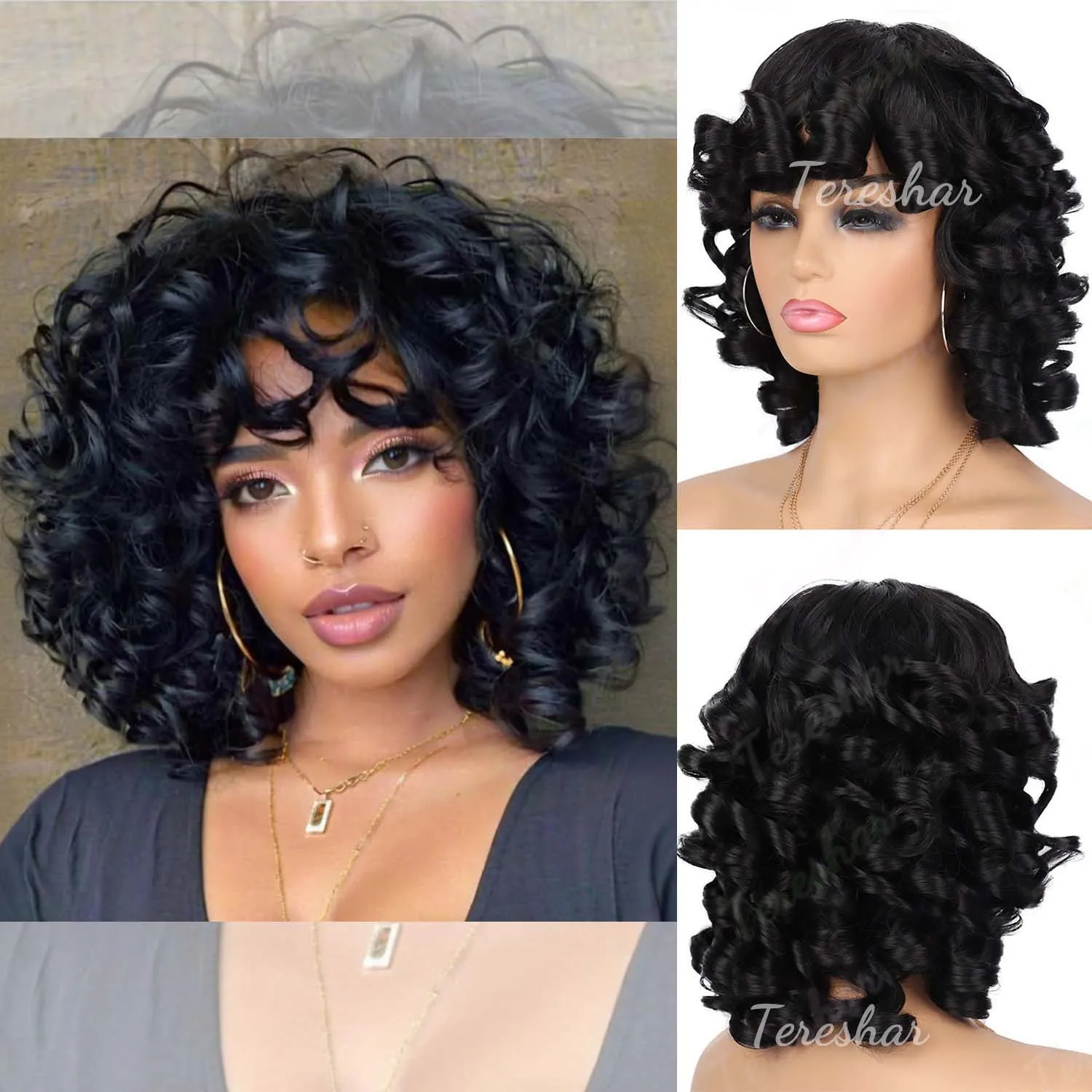 

Synthetic Short Curly Wigs for Black Women Soft Black Curly Wig with Bangs Afro Kinky Curls Heat Resistant Wig,Multi-colored Wig