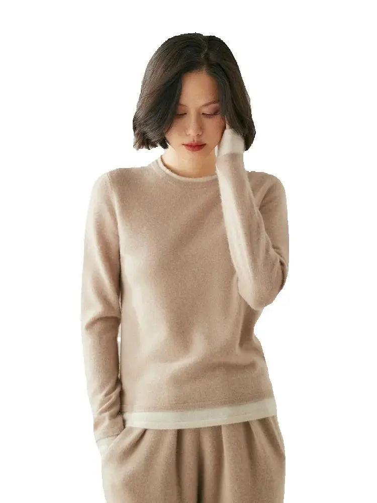 新しいファッション女性 100% カシミヤコントラストカラーセーター O ネックプルオーバー秋冬服ソフトカジュアルベーシックニットウェア