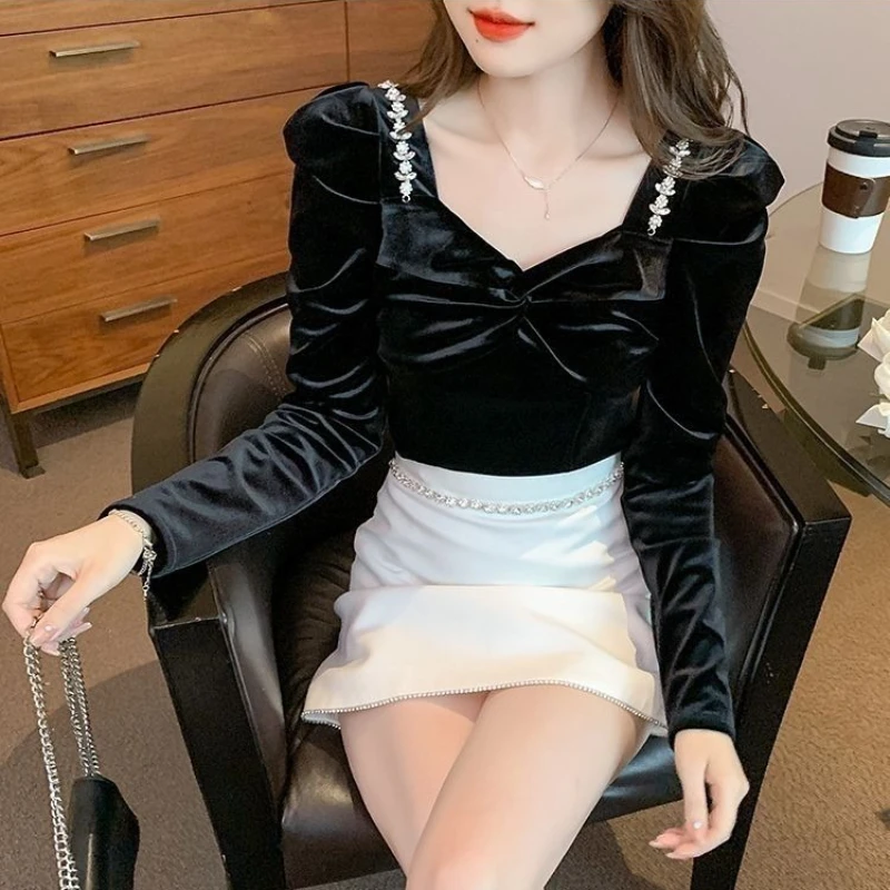 Camisa e blusa feminina de veludo slim fit, nova coleção 2025, streetwear, elegante, jovem, roupas bonitas, tendência, tops femininos jovens