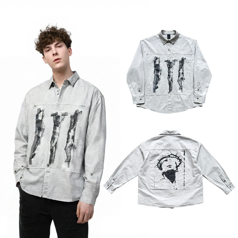 

Y2k Streetwear Mens Saint Pattern Shirts Hiphop Street Style Distressed Cotton Vintage Clothing Casual Ripped Long Sleeve Shirts