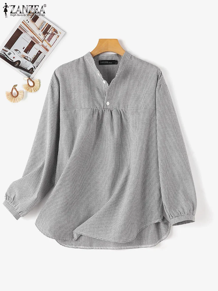 ZANZEA Women Check Blouse 2024 Spring Solid Tops Elegant Simple Casual Loose Pleated Blusas Fashion Stand Collar Buttons Tunic