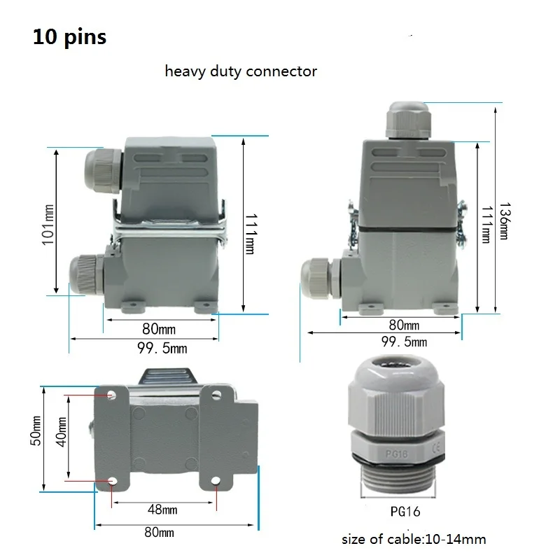 Euro Heavy Duty Connector Small HDC-HA-10/16 core 250V 16A